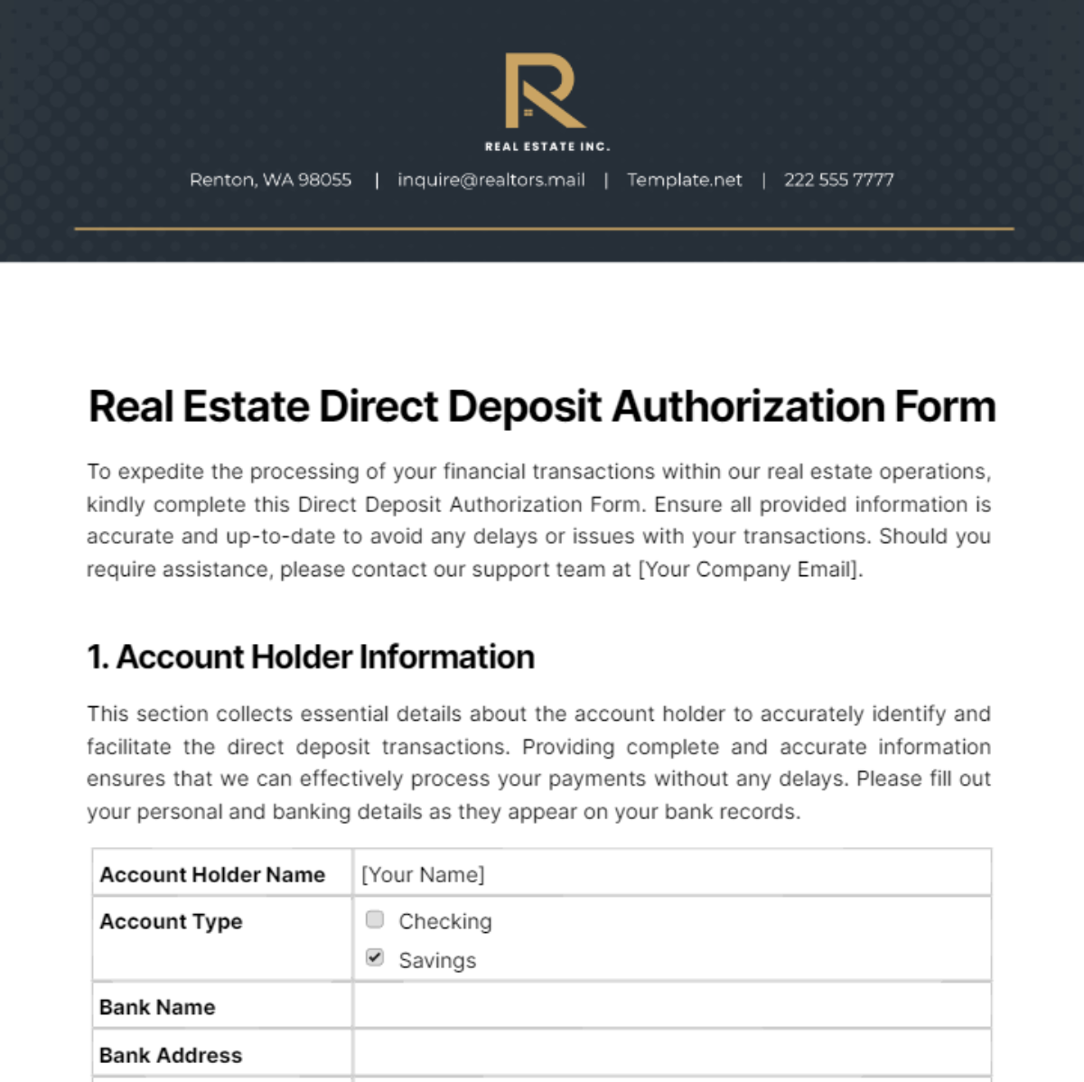 Real Estate Direct Deposit Authorization Form Template