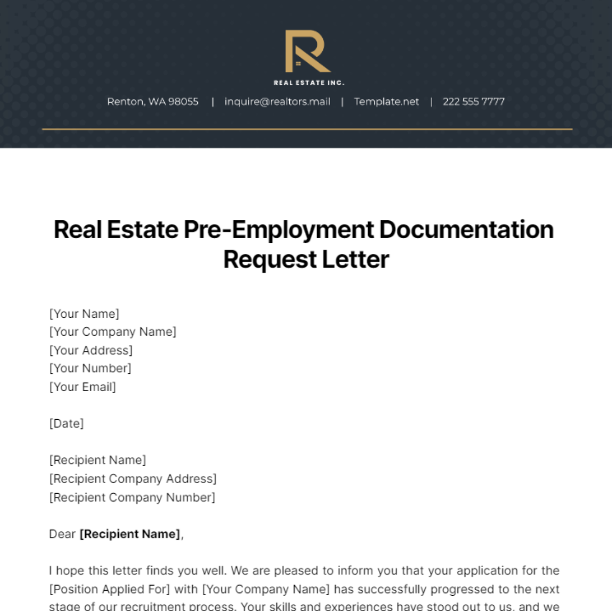 Real Estate Pre-Employment Documentation Request Letter Template - Edit Online & Download