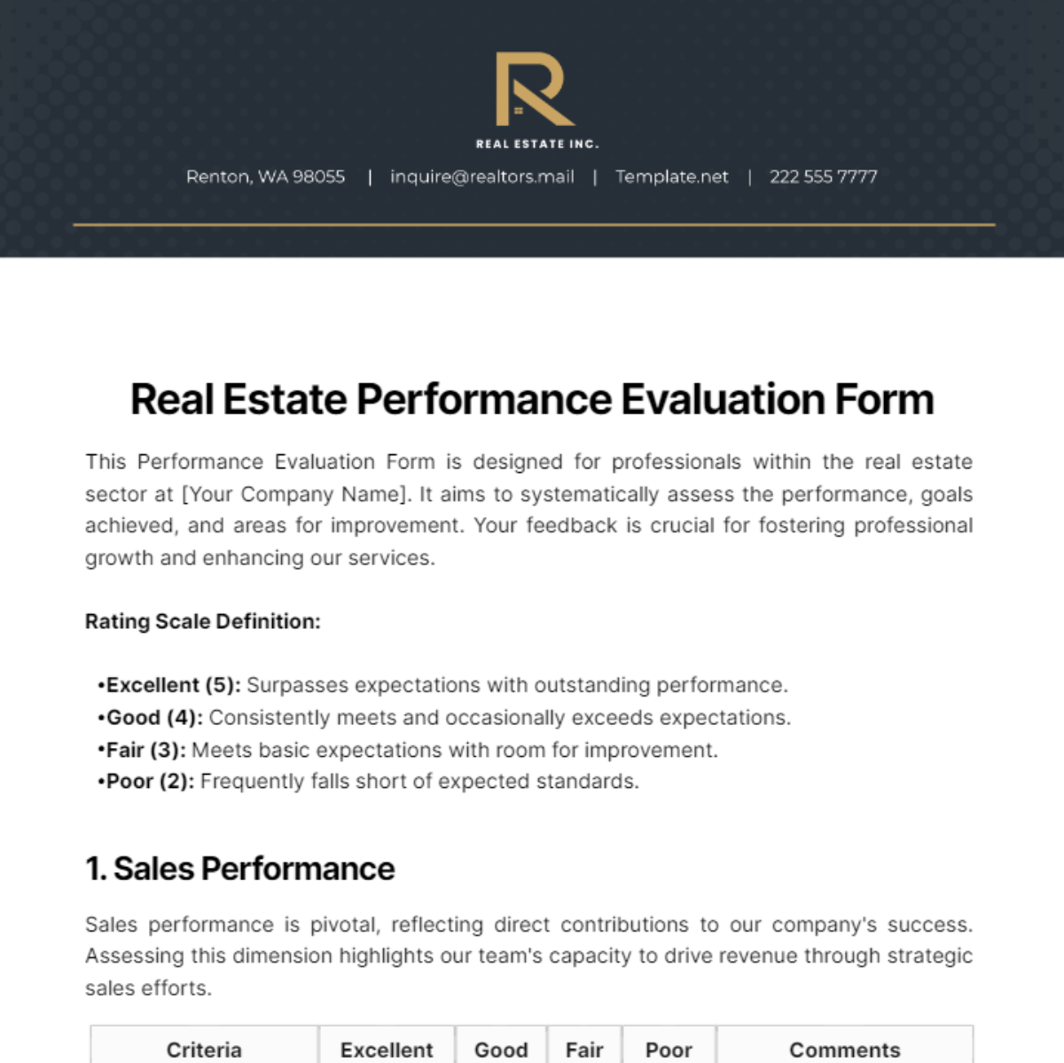 Real Estate Performance Evaluation Form Template