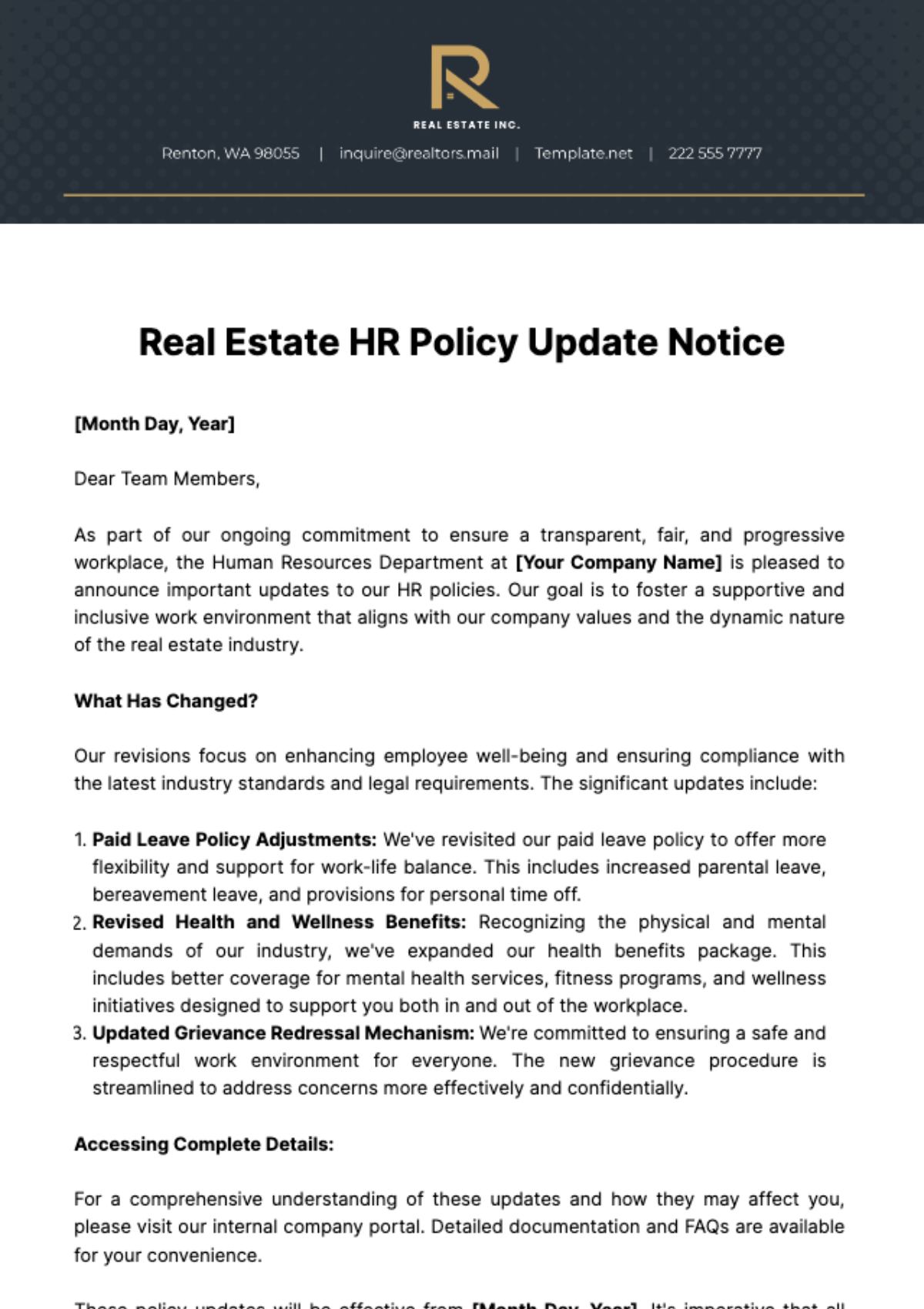 Real Estate HR Policy Update Notice Template