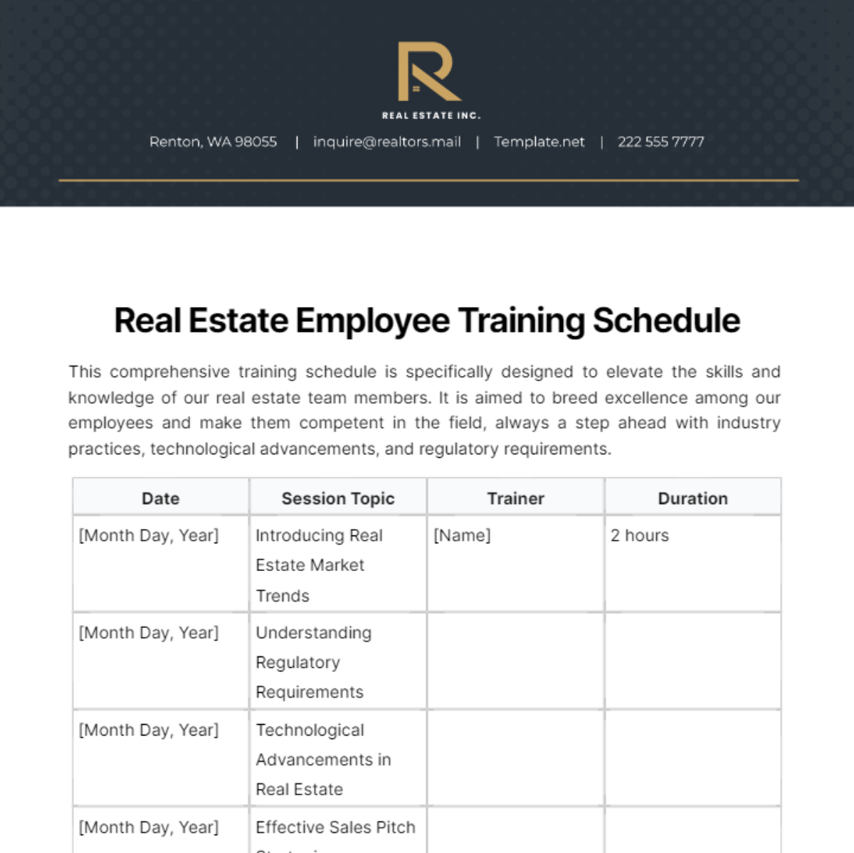 Real Estate Employee Training Schedule Template