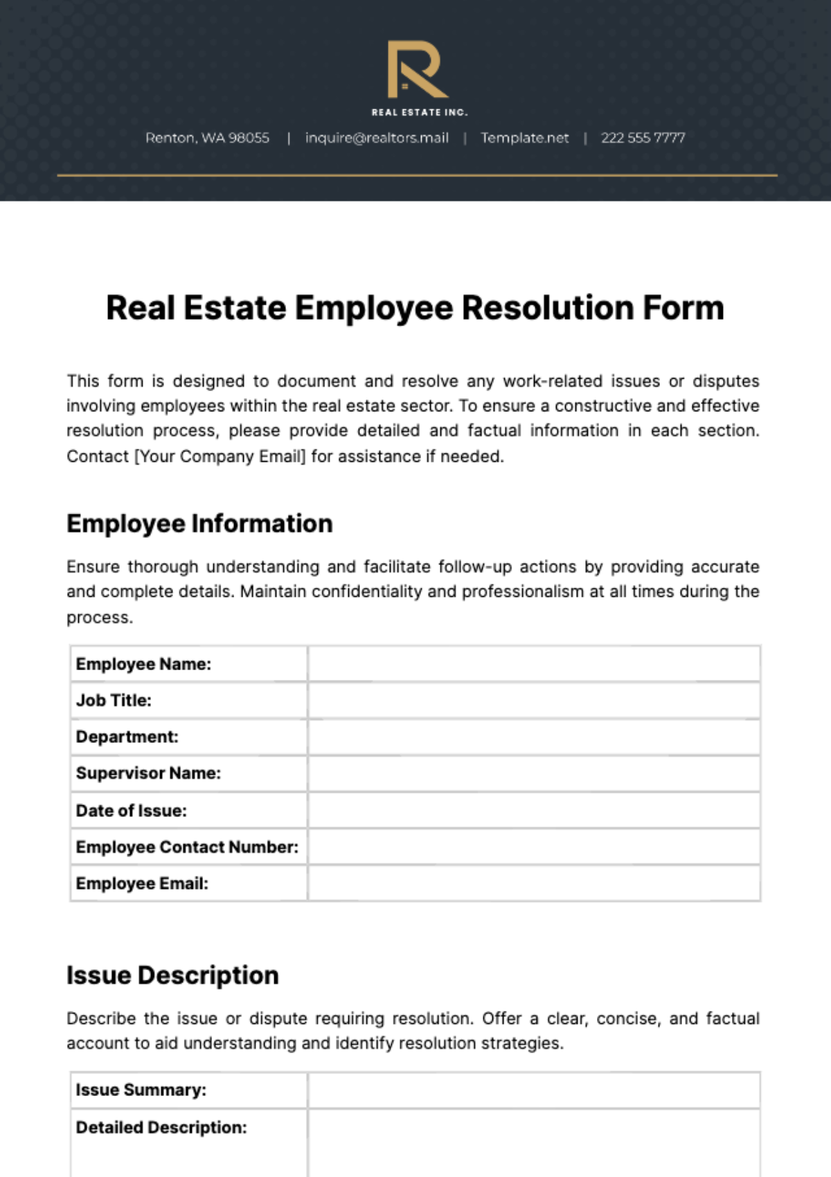 Real Estate Employee Resolution Form Template