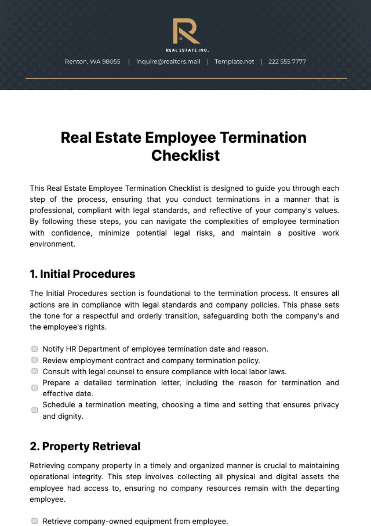 Real Estate Employee Termination Checklist Template
