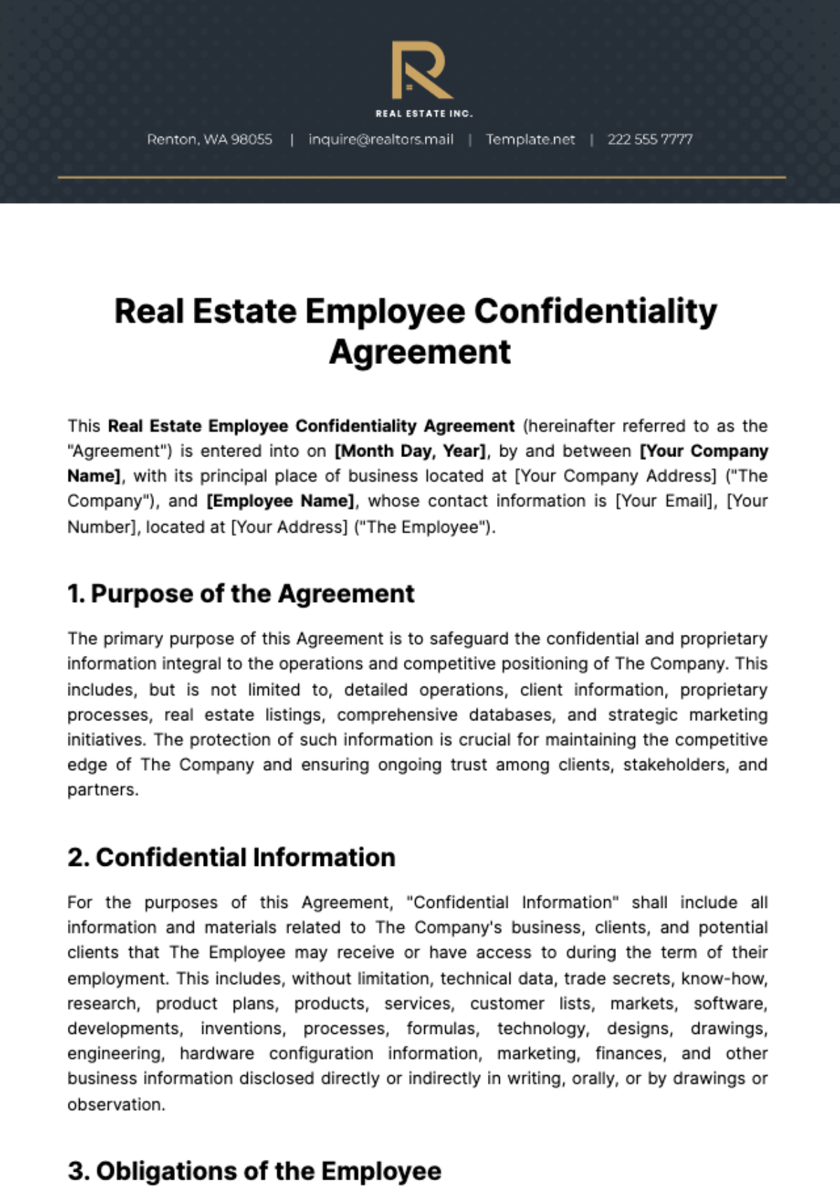 Real Estate Employee Confidentiality Agreement Template