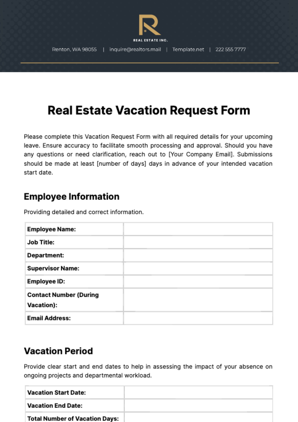 Free Real Estate Vacation Request Form Template