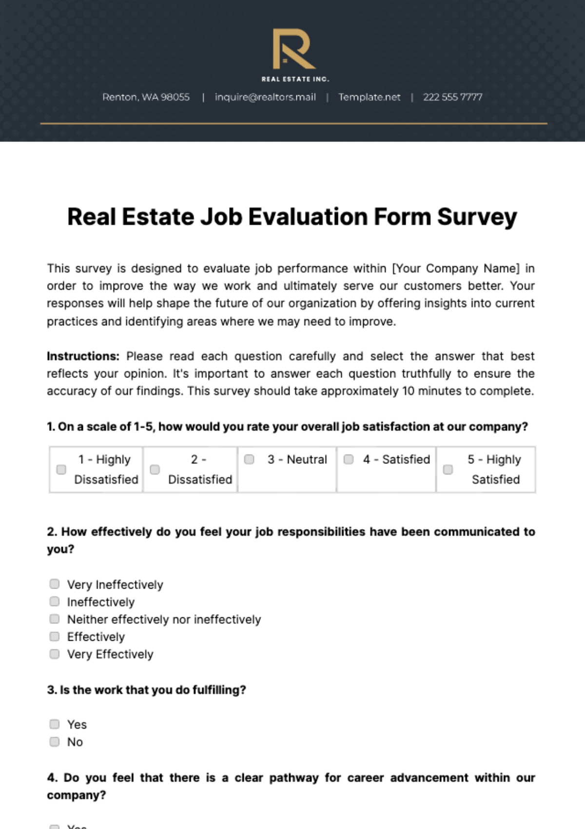 Real Estate Job Evaluation Form Survey Template
