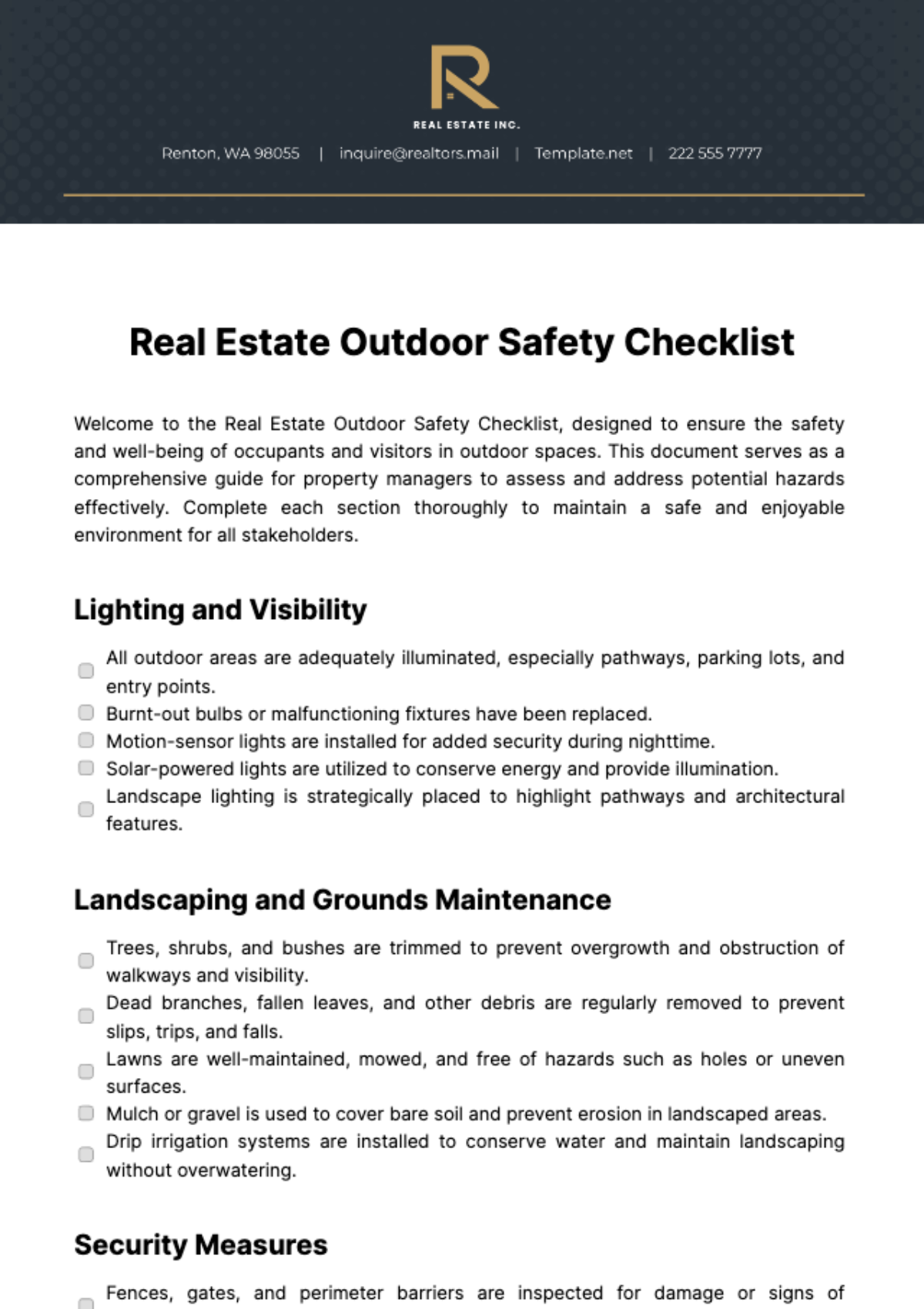 Real Estate Outdoor Safety Checklist Template