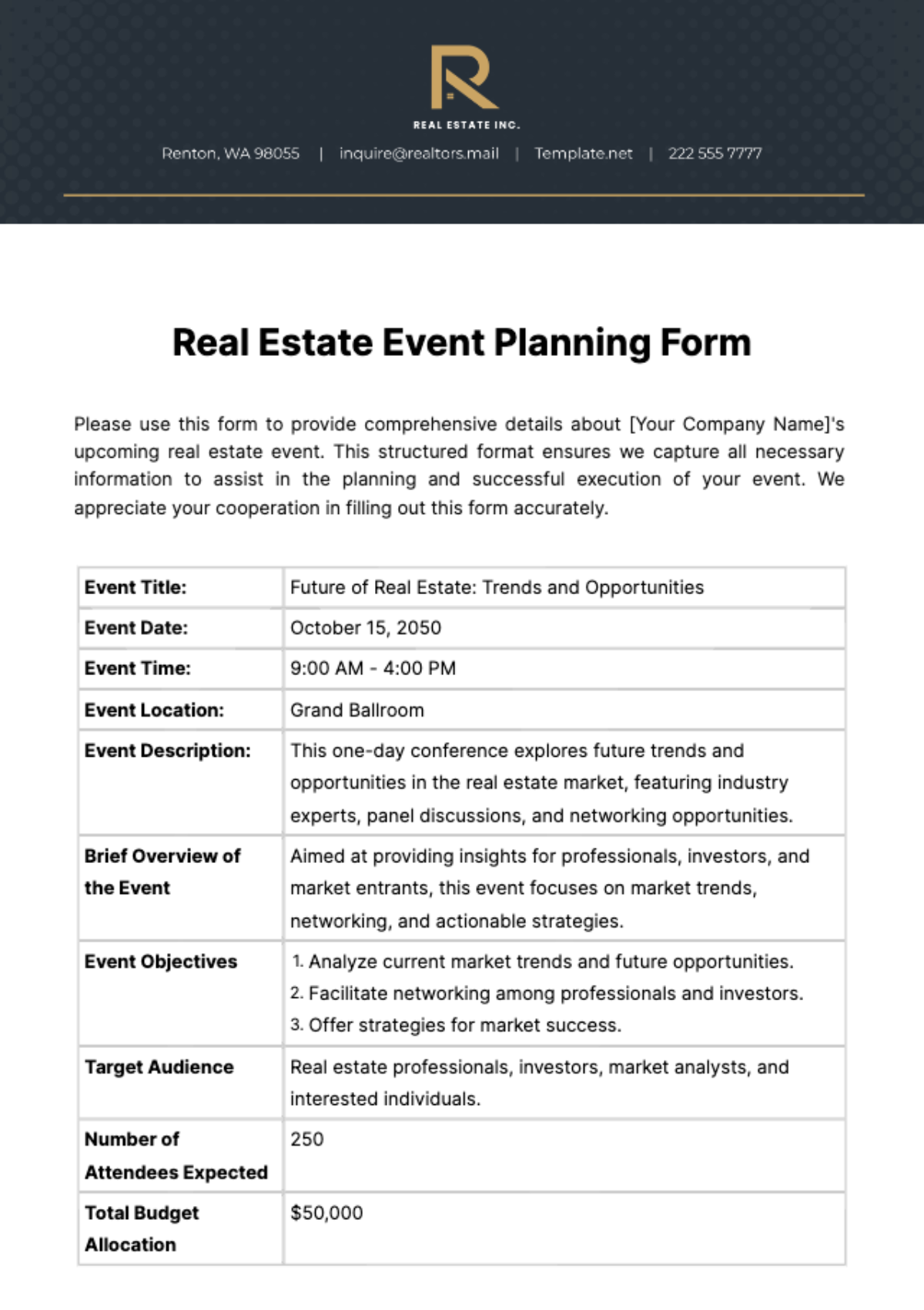 Free Real Estate Event Planning Form Template