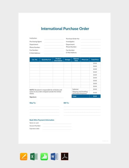 free international purchase order template  pdf  word doc