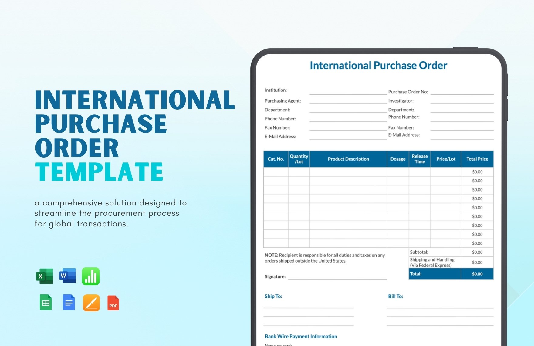 International Purchase Order Template in Word, Google Docs, Excel, PDF, Google Sheets, Apple Pages, Apple Numbers