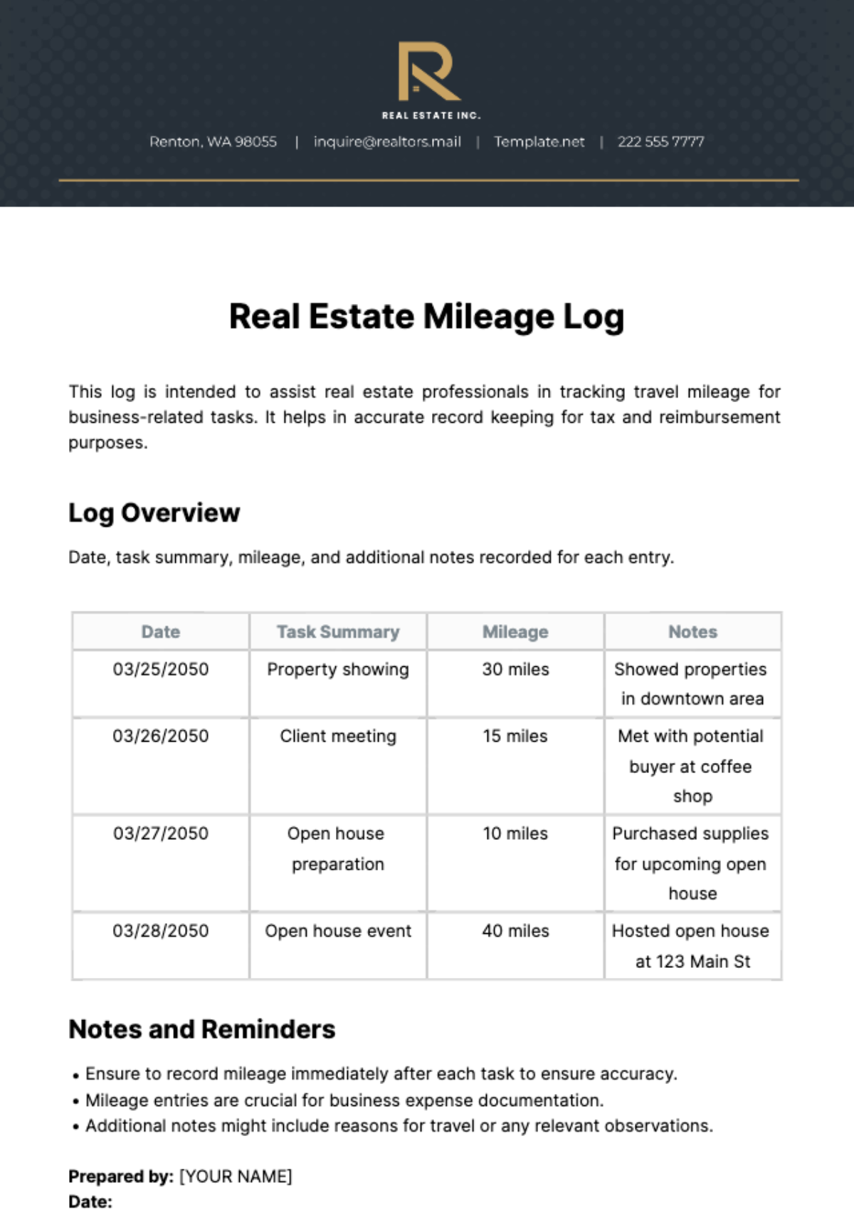 Free Real Estate Mileage Log Template