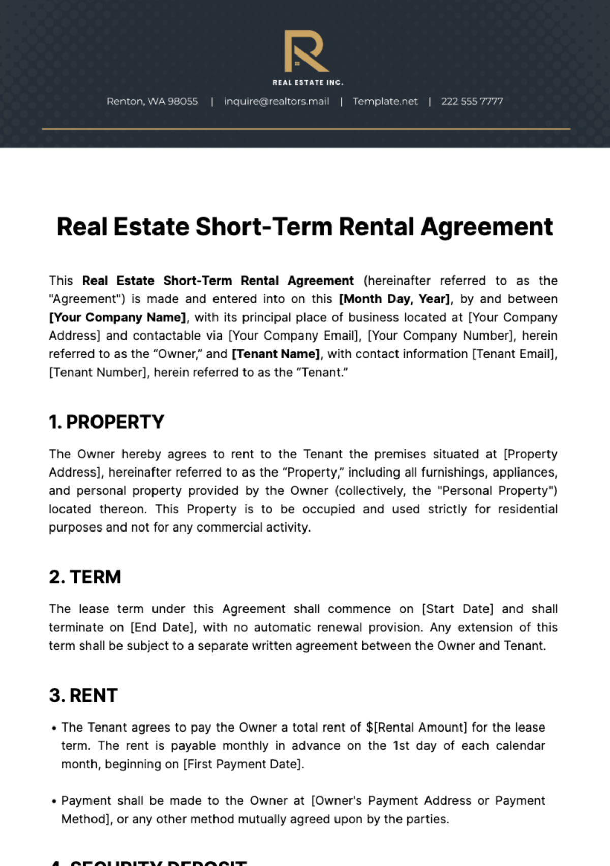 Real Estate Short-Term Rental Agreement Template