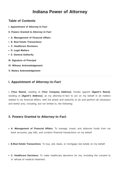 Free Indiana Power of Attorney Template to Edit Online
