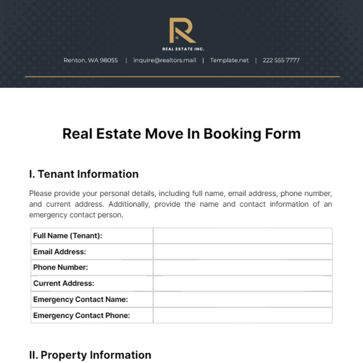 Real Estate Move In Booking Form Template
