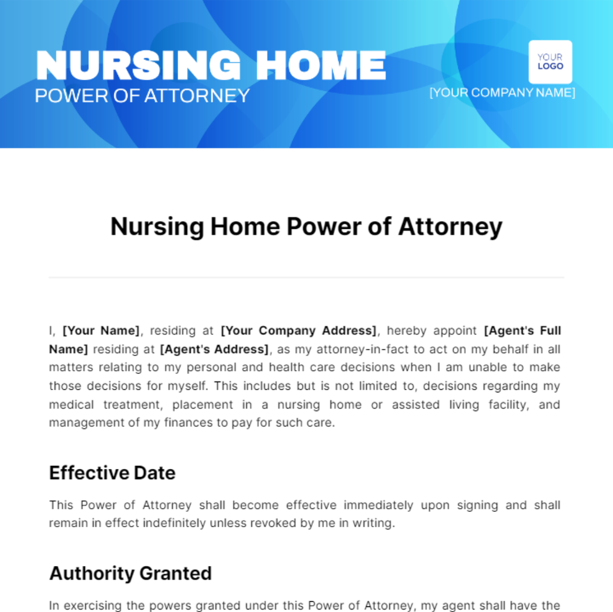 Nursing Home Power of Attorney Template
