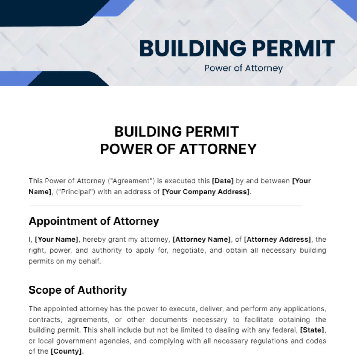 Building Permit Power of Attorney Template