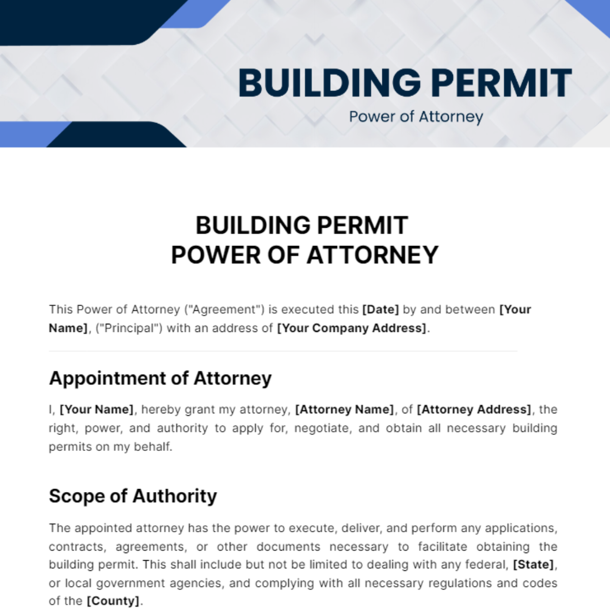 Building Permit Power of Attorney Template - Edit Online & Download