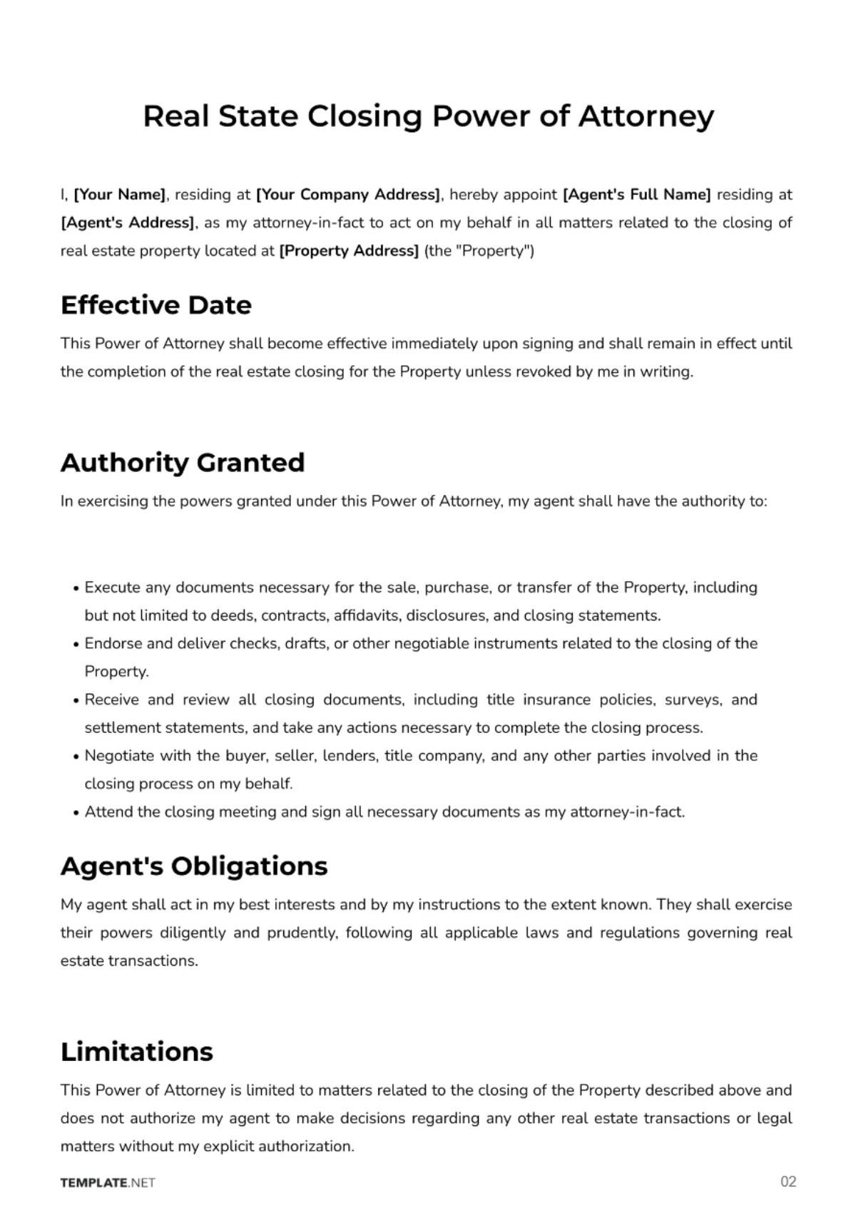 Free Real Estate Closing Power of Attorney Template to Edit Online