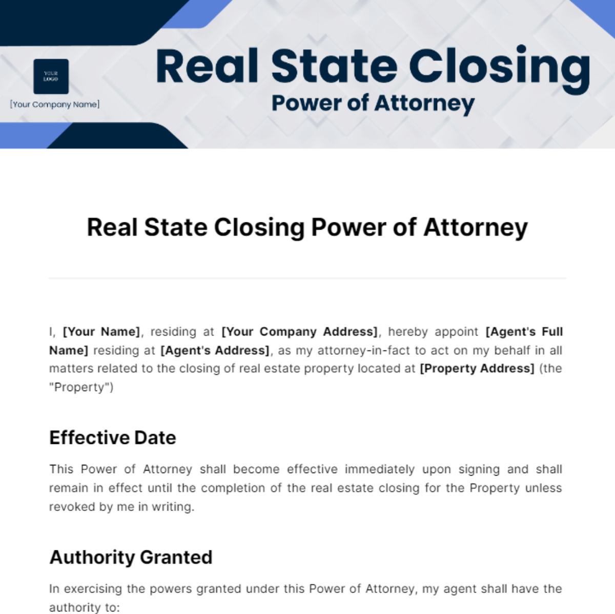 Real Estate Closing Power of Attorney Template