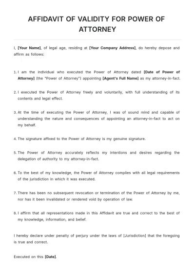 Free Affidavit Of Validity For Power of Attorney Template to Edit Online