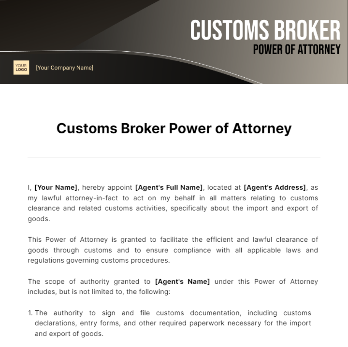Customs Broker Power of Attorney Template