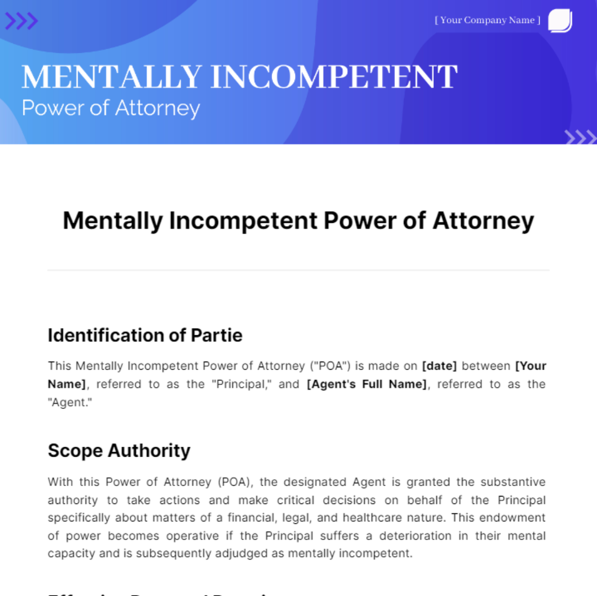 Mentally Incompetent Power of Attorney Template