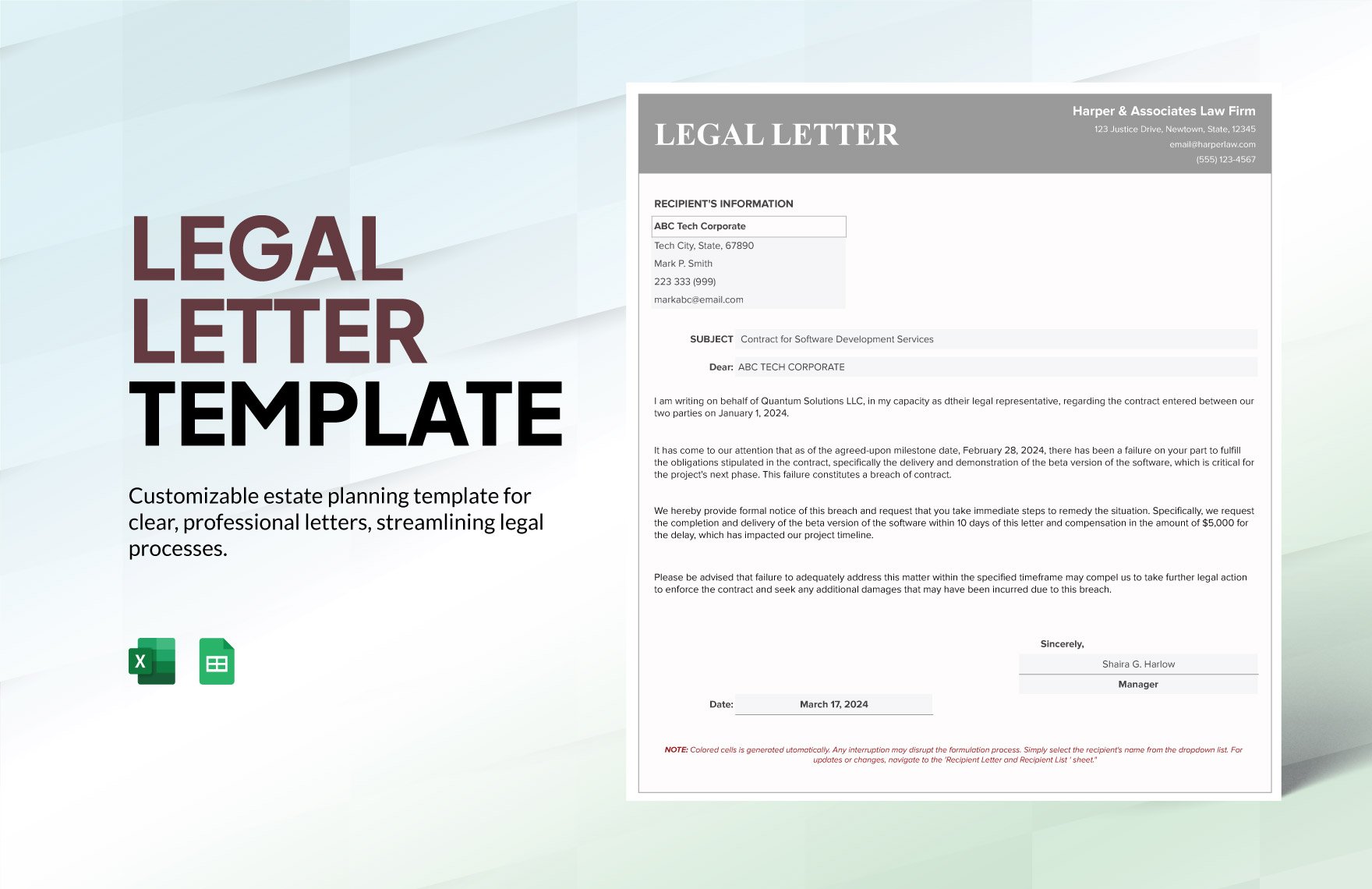 Legal Letter Template in Excel, Google Sheets