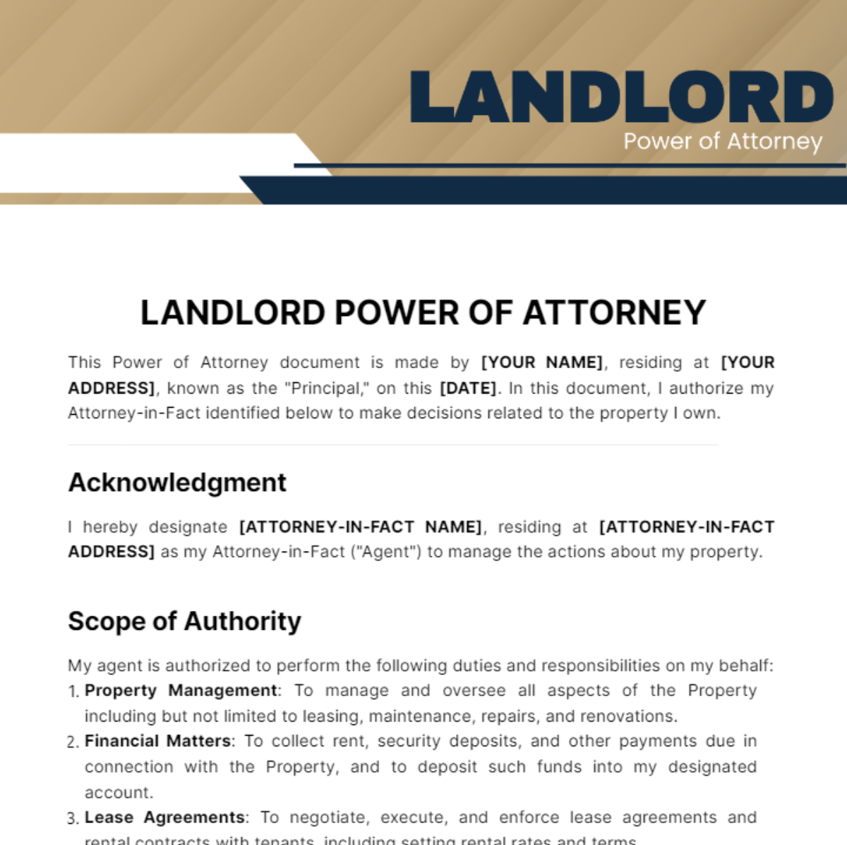 Landlord Power of Attorney Template