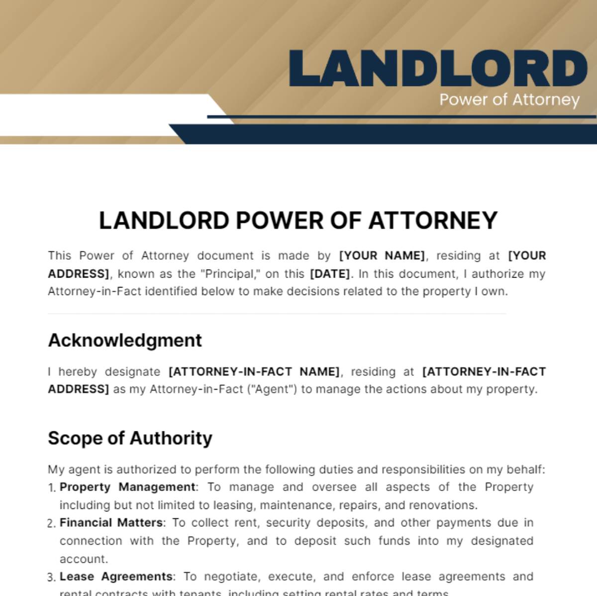 Landlord Power of Attorney Template - Edit Online & Download