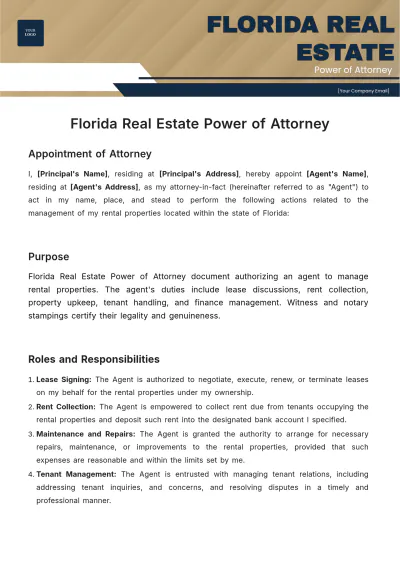 Free Florida Real Estate Power of Attorney Template to Edit Online