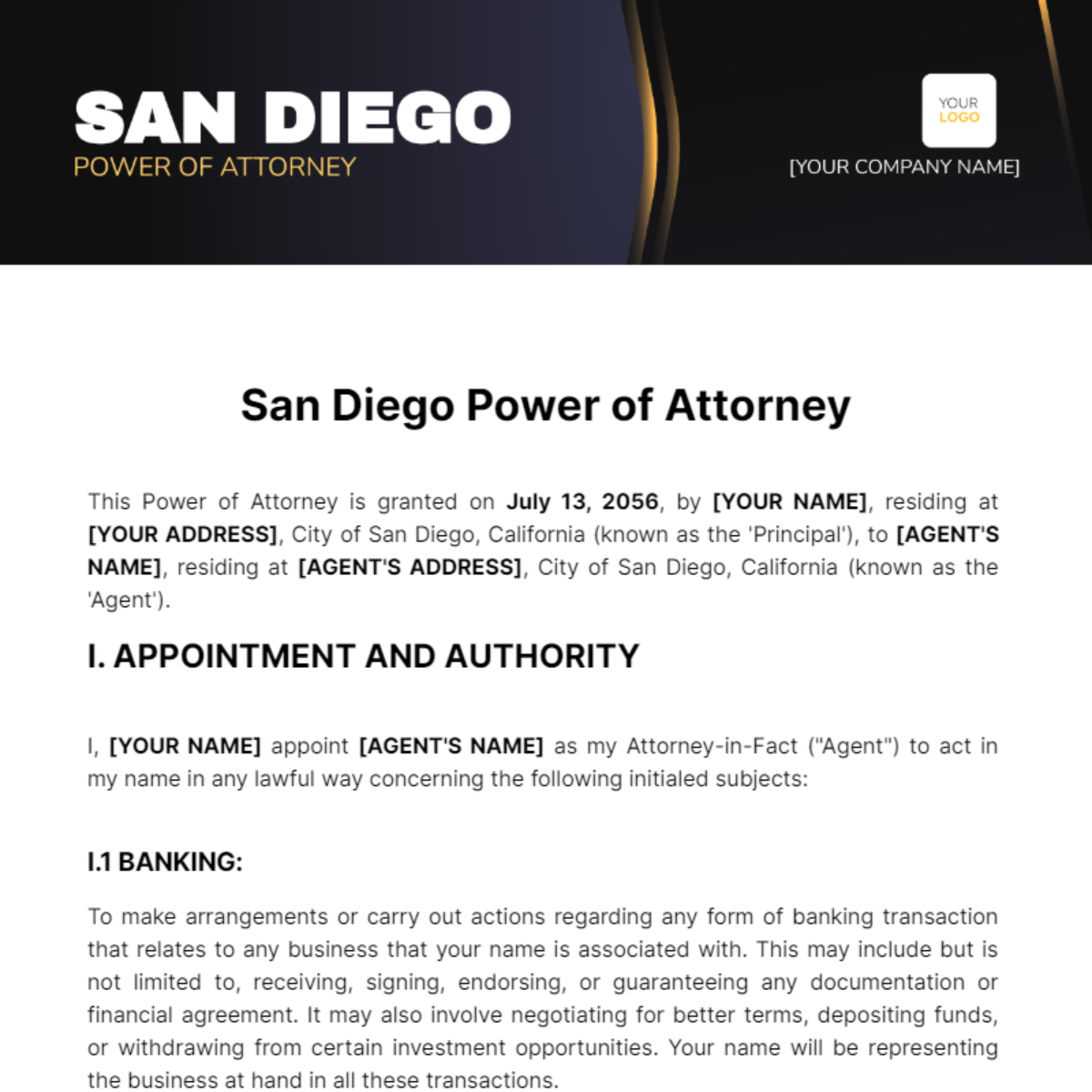 San Diego Power of Attorney Template
