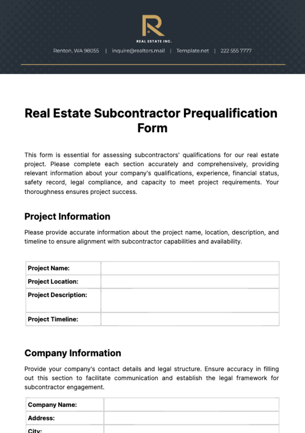 Free Real Estate Subcontractor Prequalification Form Template