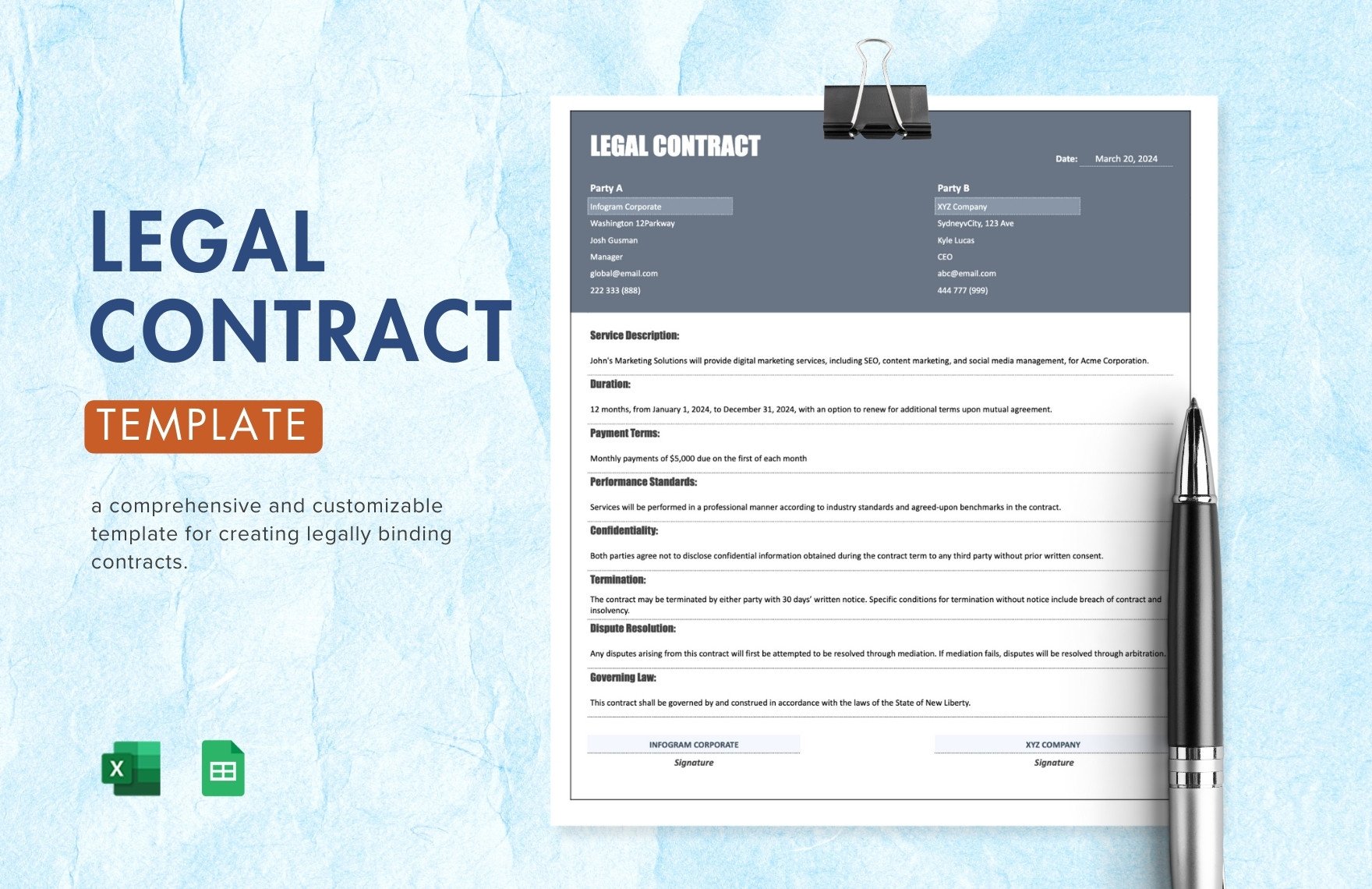 Legal Contract Template in Excel, Google Sheets