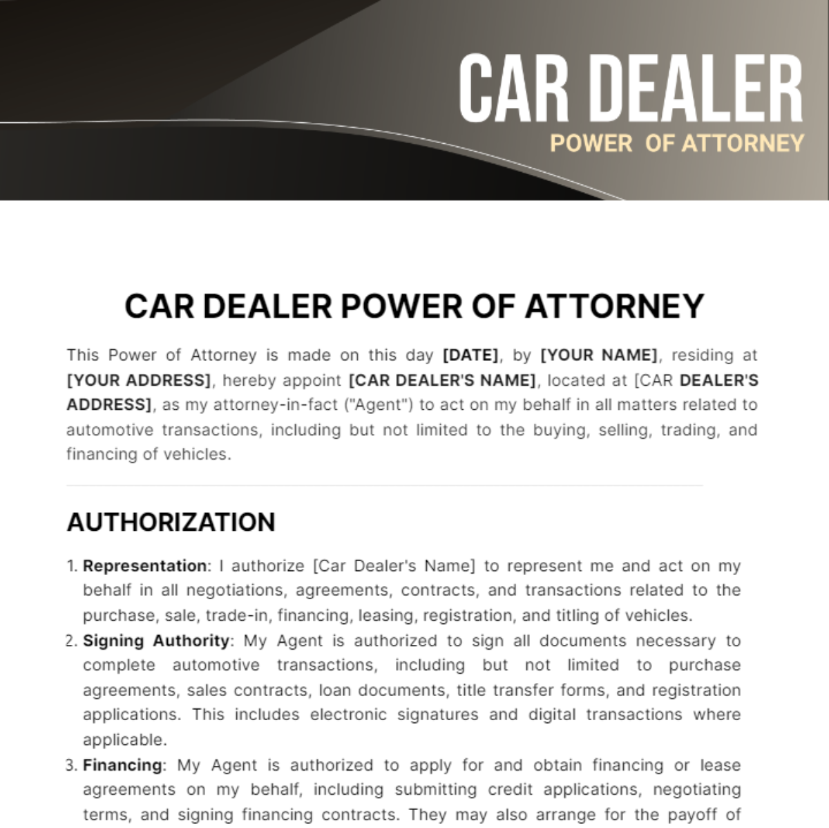 Car Dealer Power of Attorney Template