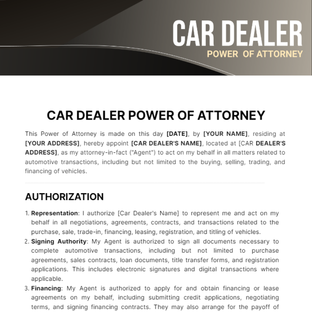 Car Dealer Power of Attorney Template - Edit Online & Download