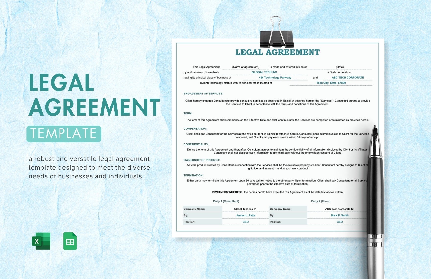 Legal Agreement Template in Excel, Google Sheets