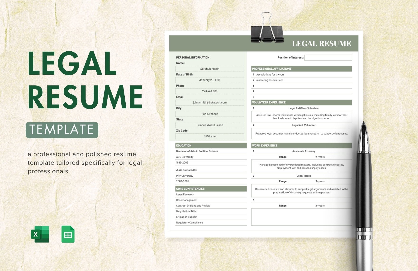 Legal Resume Template in Excel, Google Sheets