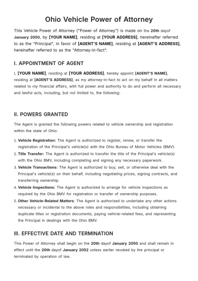 Free Ohio Vehicle Power of Attorney Template to Edit Online