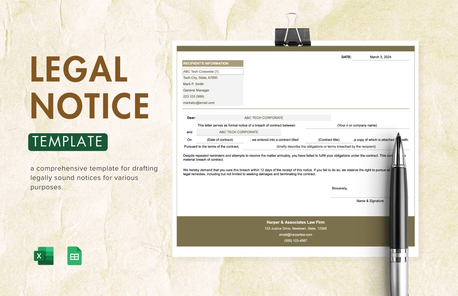 Legal Notice Template in Excel, Google Sheets