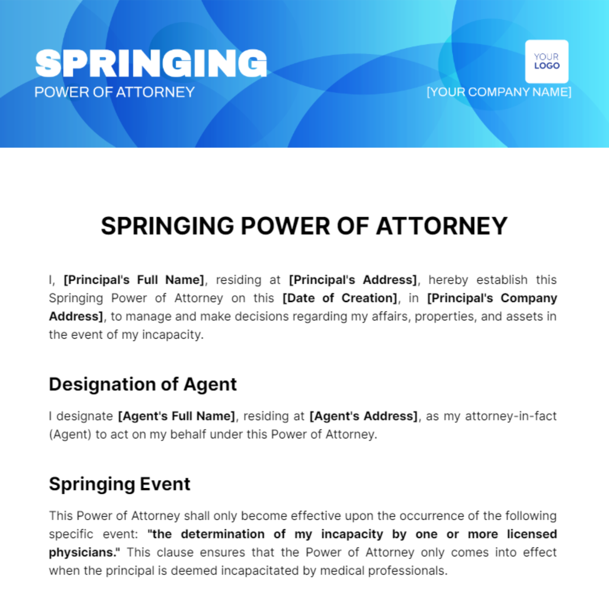 Springing Power of Attorney Template