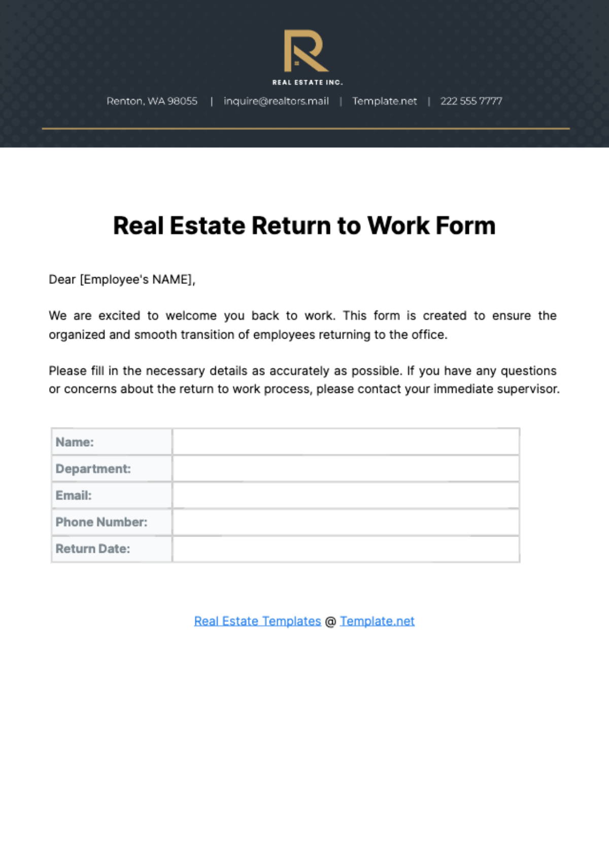 Free Real Estate Return to Work Form Template
