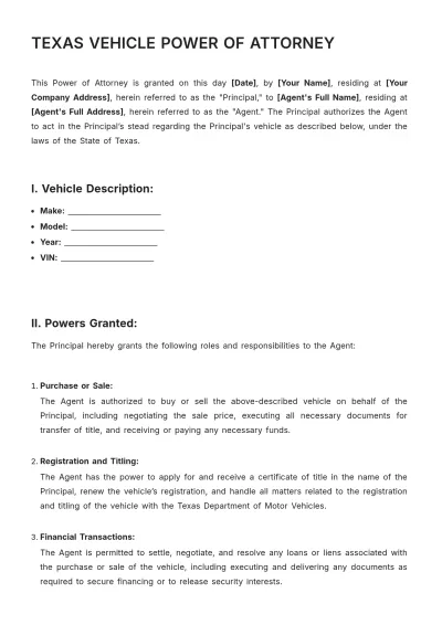Free Texas Vehicle Power of Attorney Template to Edit Online