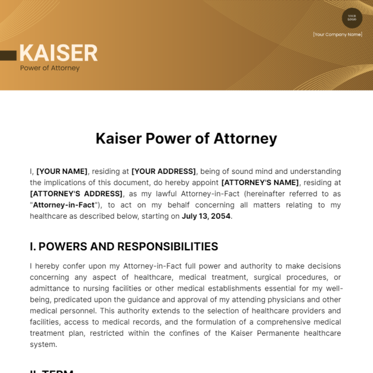 Kaiser Power of Attorney Template