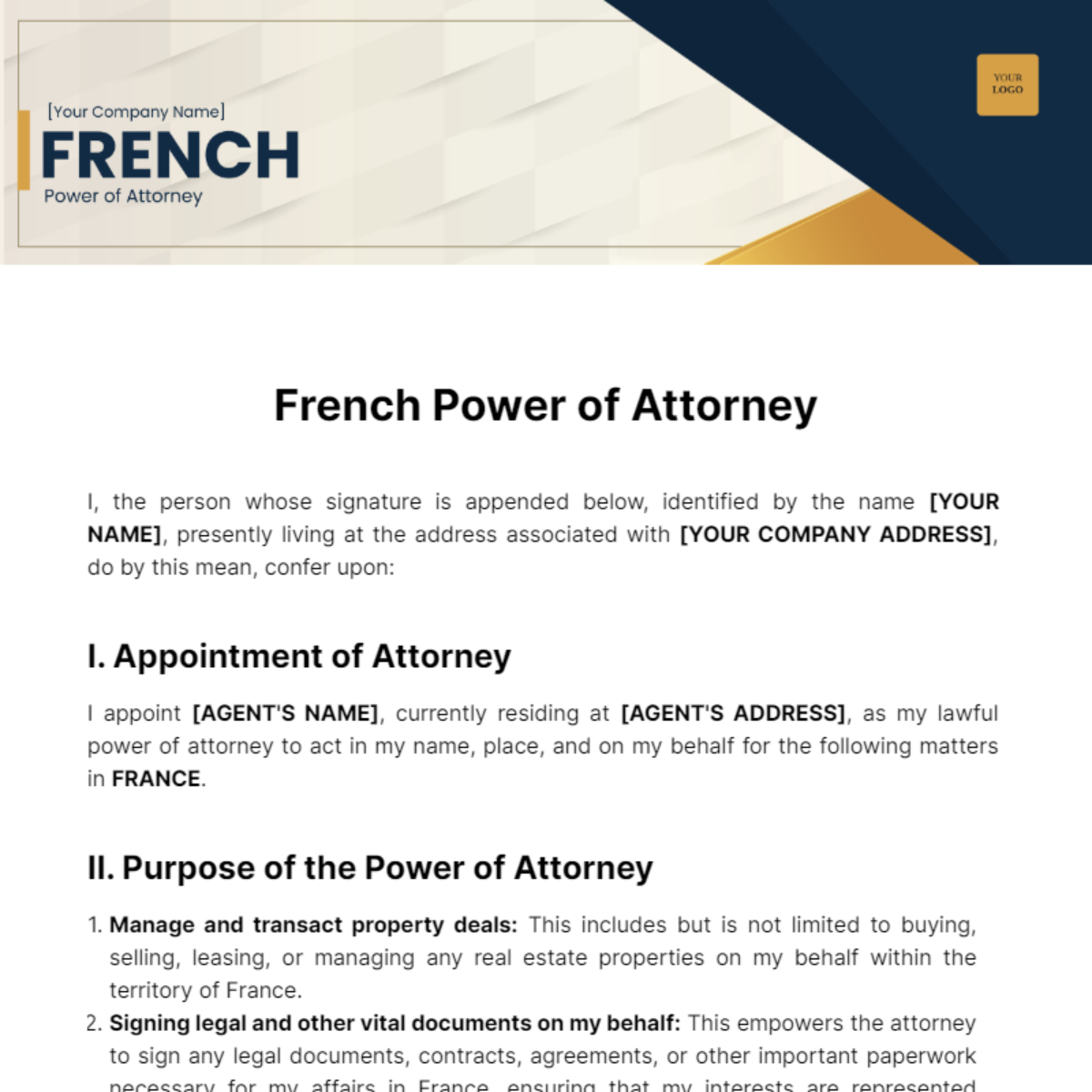 French Power of Attorney Template