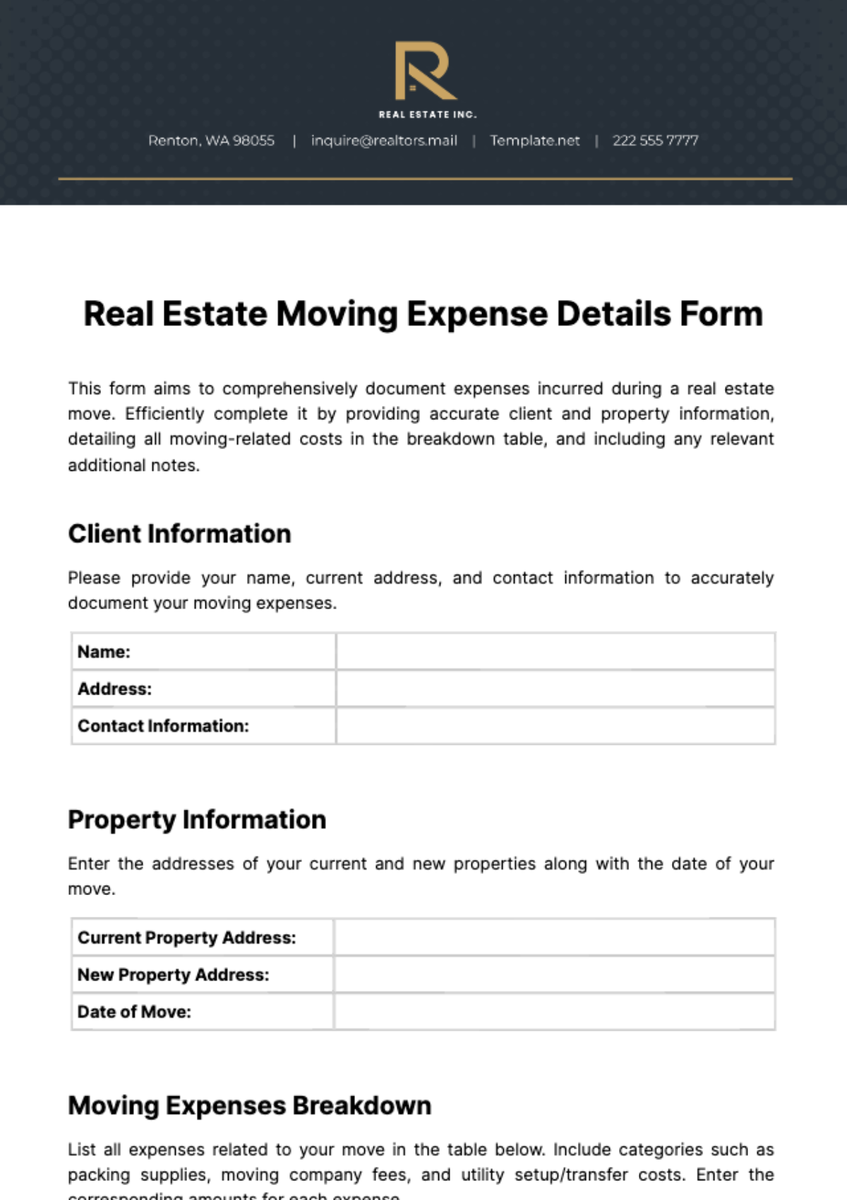 Free Real Estate Moving Expense Details Form Template