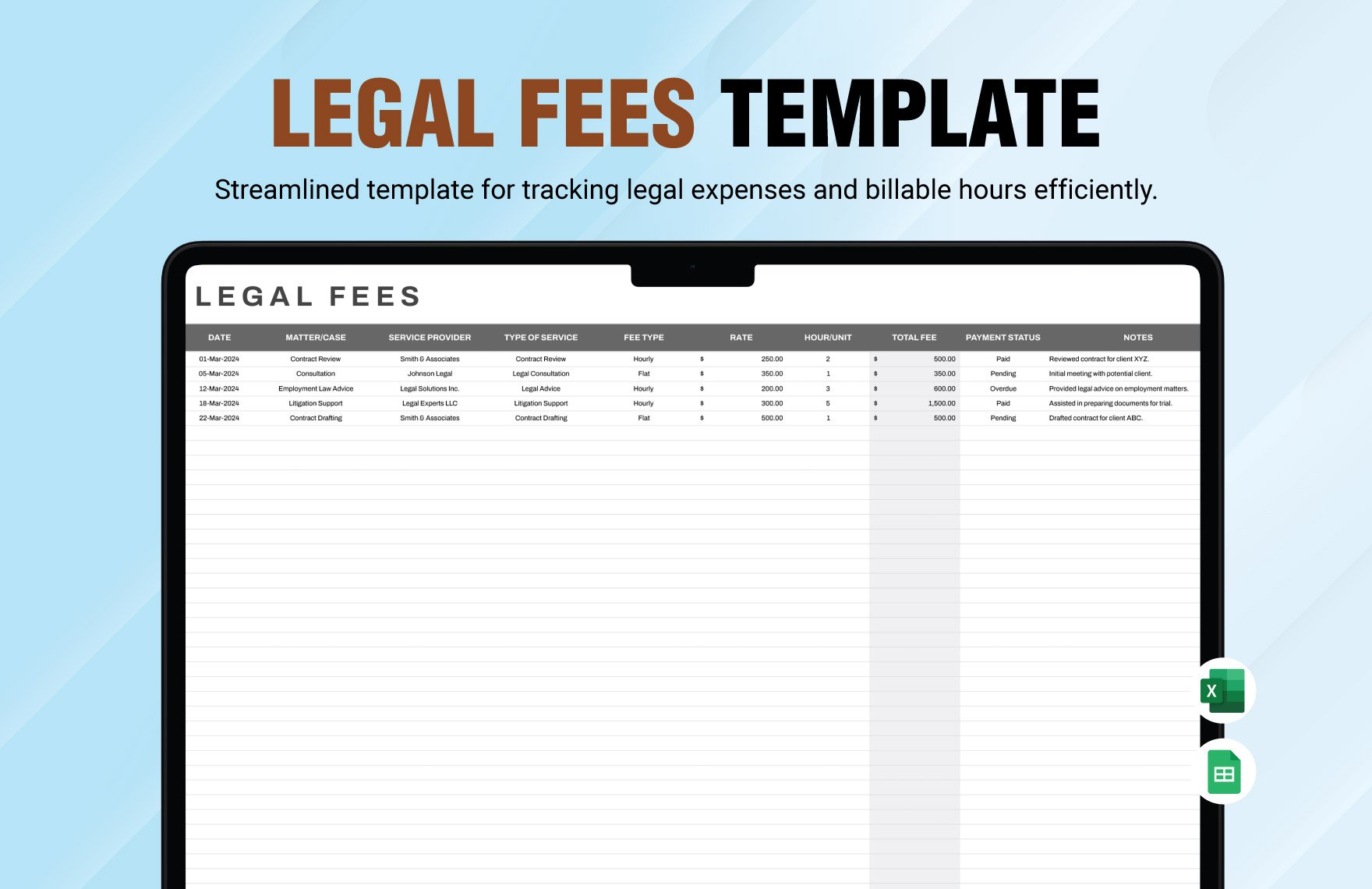 Legal Fees Template in Excel, Google Sheets
