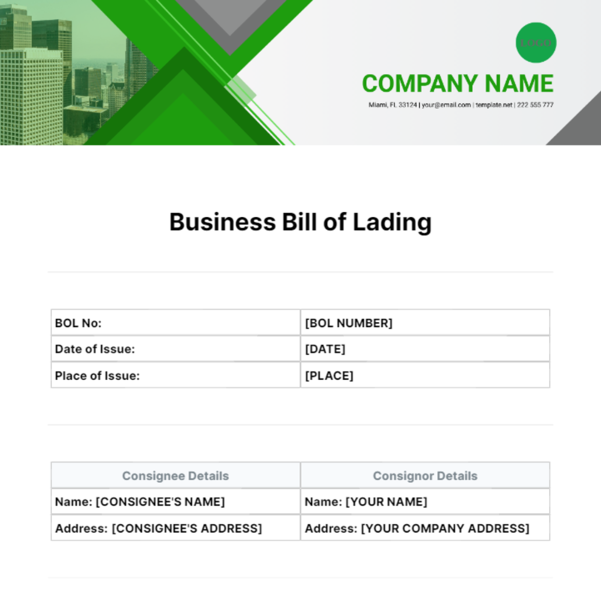 Business Bill of Lading Template