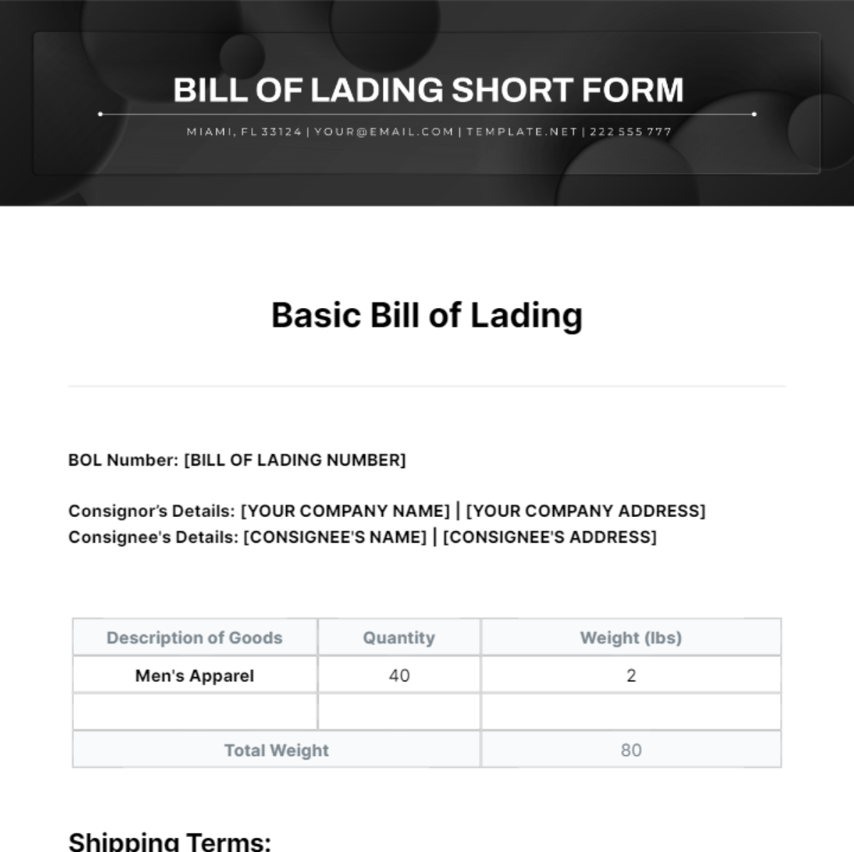 Basic Bill of Lading Template