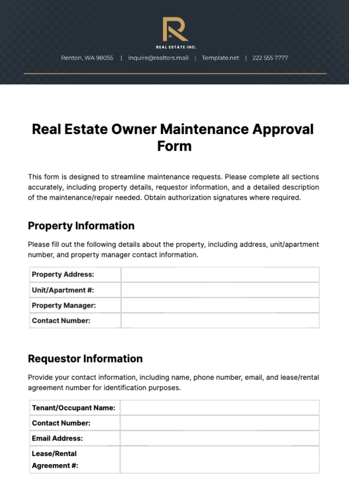 Real Estate Owner Maintenance Approval Form Template