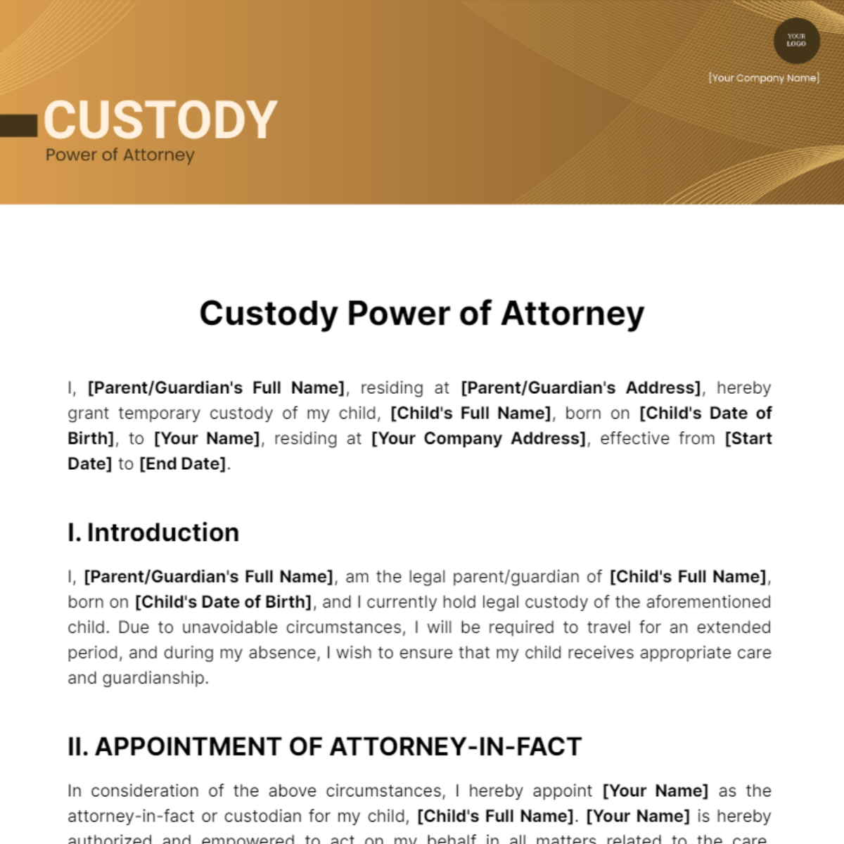 Custody Power of Attorney Template